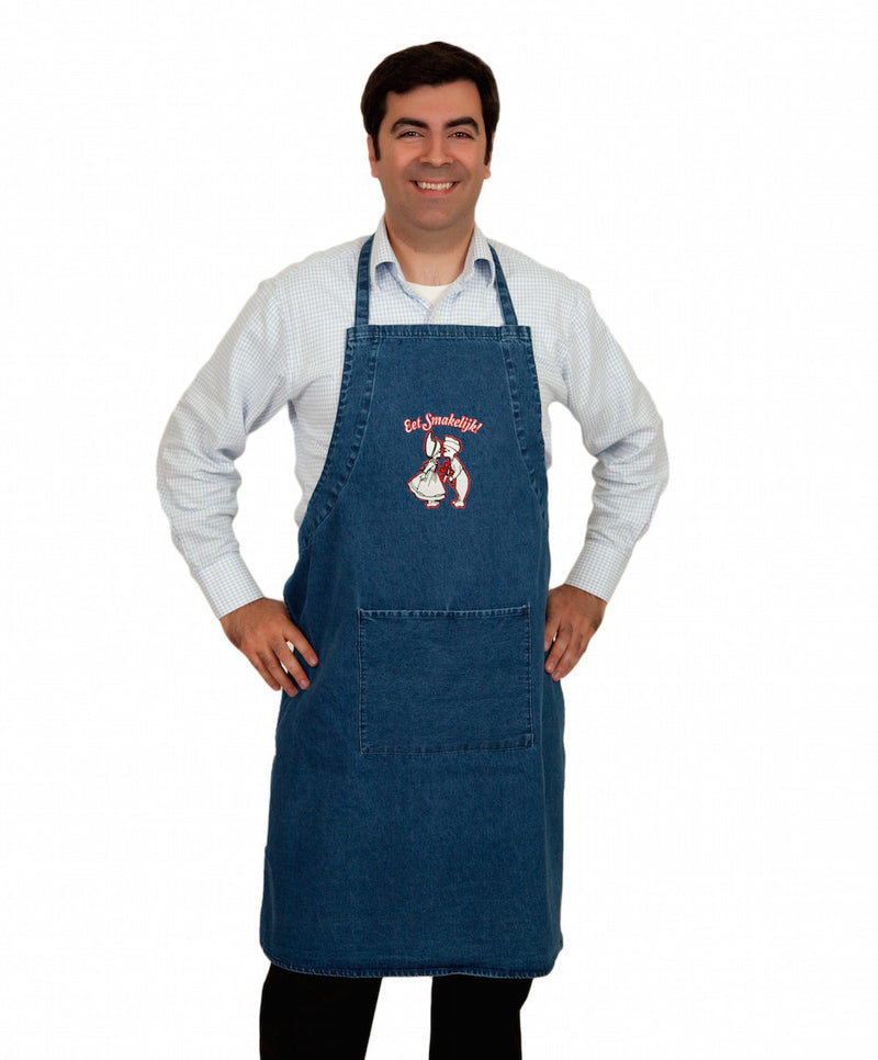 Denim Apron Embroidered Eet Smakelijk! - Apparel- Aprons, Apparel-Costumes, Apparel-Kitchenware, Denim, Dutch, General Gift, SY: Eet Smakelijk