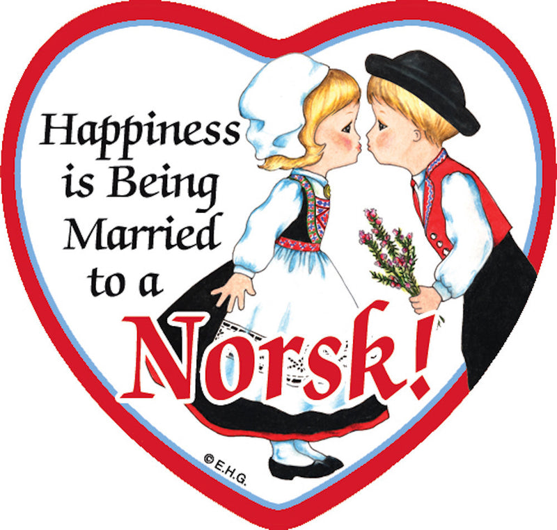 Tile Magnet Married to Norsk - Below $10, Collectibles, CT-240, Heart, Home & Garden, Kissing Couple, Kitchen Magnets, Magnet Tiles, Magnet Tiles-Heart, Magnet Tiles-Norwegian, Magnets-Refrigerator, Norwegian, PS-Party Favors, SY: Happiness Married to Norwegian, Top-NRWY-B