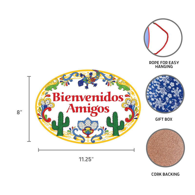 "Bienvenidos Amigos" Decorative Yellow Ceramic Door Sign Cactus Motif