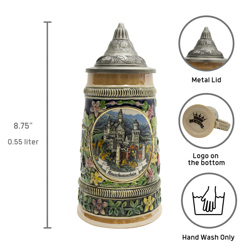 Neuschwanstein Ludwigs Castle German Beer Stein with Engraved Metal Lid 0.55L
