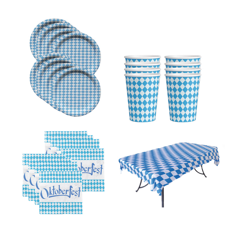 All-in-One Oktoberfest Party Pack Bundle with Bavarian Themed Plastic Deli Tableclothe, Paper Plates, and Napkins