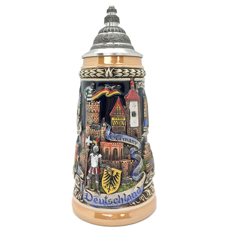 This beautiful Made in Germany beer stein features a timeless black and rustic beige color motif highlighting different cities of Germany as well as Rothenburg ob der Tauber which is accented with a detail-oriented metal medallion of the German Eagle. Made of the finest materials extracted from the renowned Westerwald region of Germany by the world famous Zoller & Born factory.