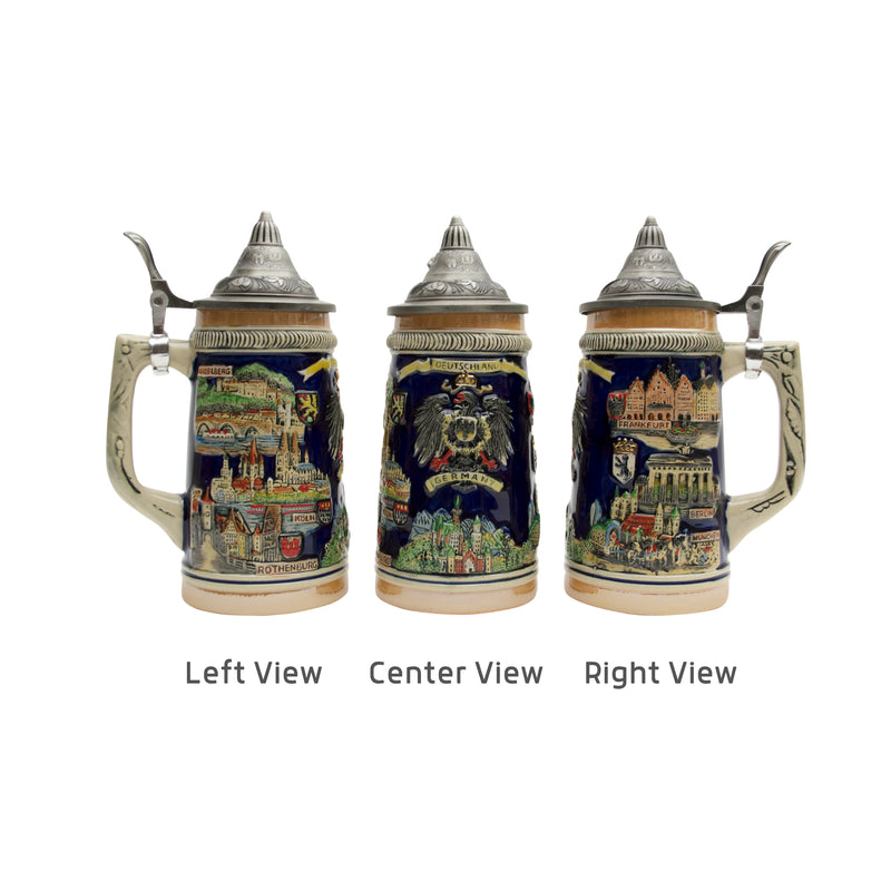 German Landmarks. This decorative engraved German Landmarks with a lid will make for a great gift or decorative accent to your collection! Colorfully decorated collectible beer steins are popular around the world. The origin of German Beer Steins date back to the 14th century.