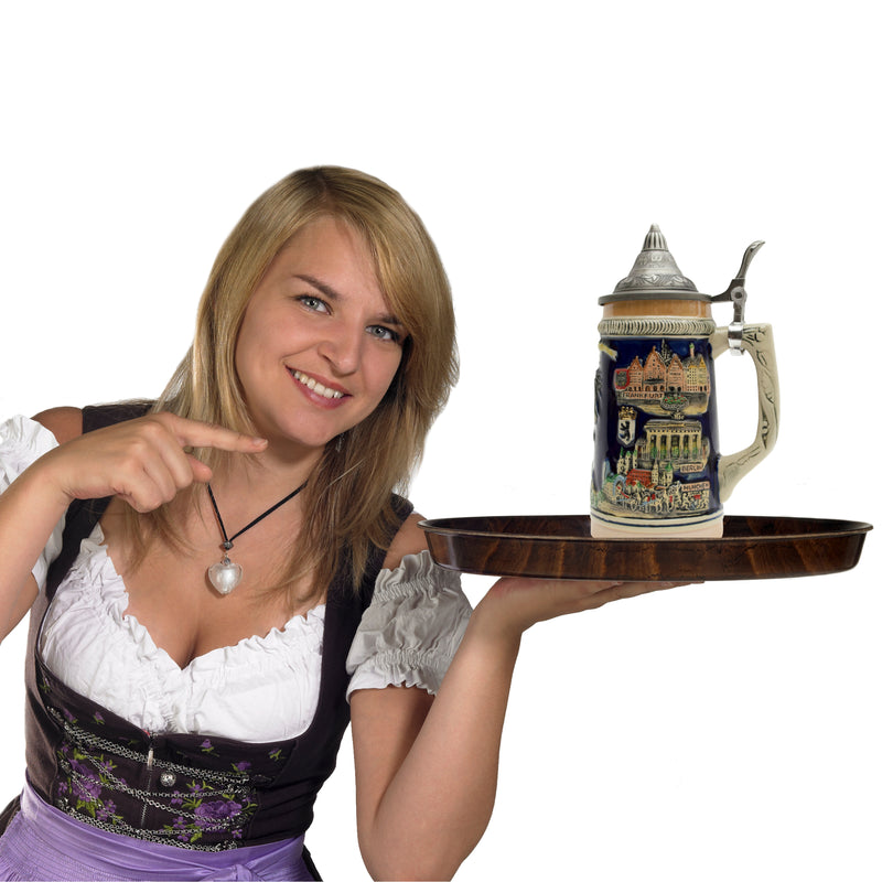 German Landmarks. This decorative engraved German Landmarks with a lid will make for a great gift or decorative accent to your collection! Colorfully decorated collectible beer steins are popular around the world. The origin of German Beer Steins date back to the 14th century.