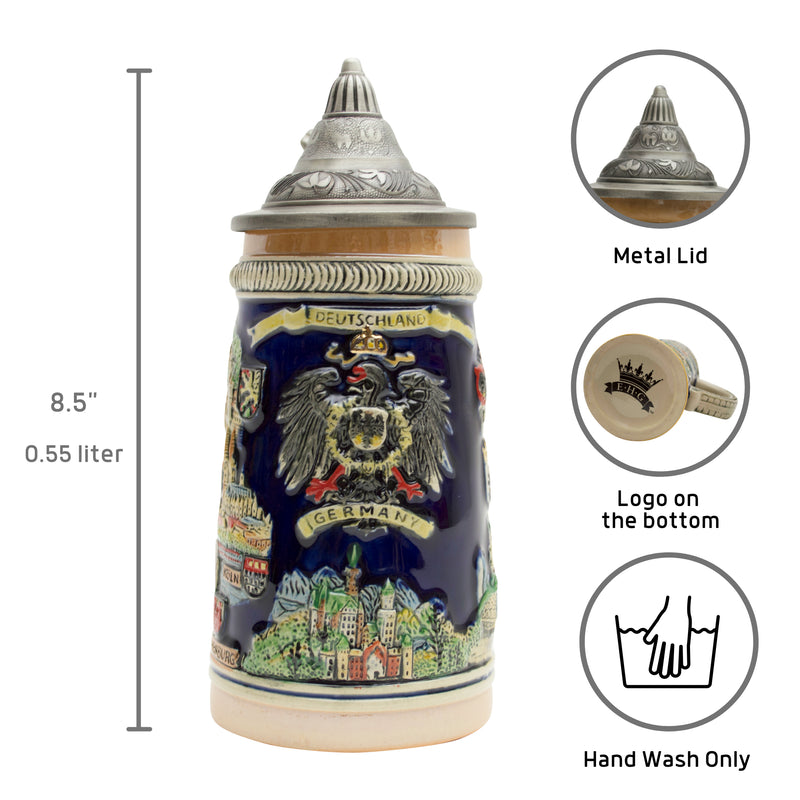 German Cities Oktoberfest Beer Stein with Engraved Metal Lid