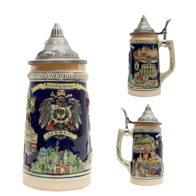 German Landmarks. This decorative engraved German Landmarks with a lid will make for a great gift or decorative accent to your collection! Colorfully decorated collectible beer steins are popular around the world. The origin of German Beer Steins date back to the 14th century.