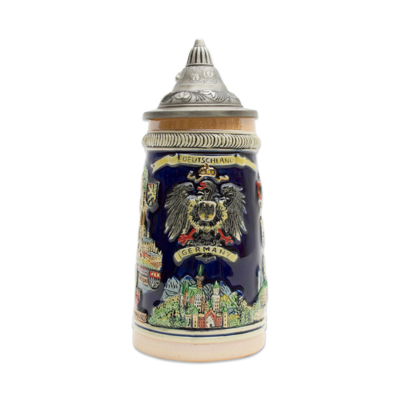 German Landmarks. This decorative engraved German Landmarks with a lid will make for a great gift or decorative accent to your collection! Colorfully decorated collectible beer steins are popular around the world. The origin of German Beer Steins date back to the 14th century.