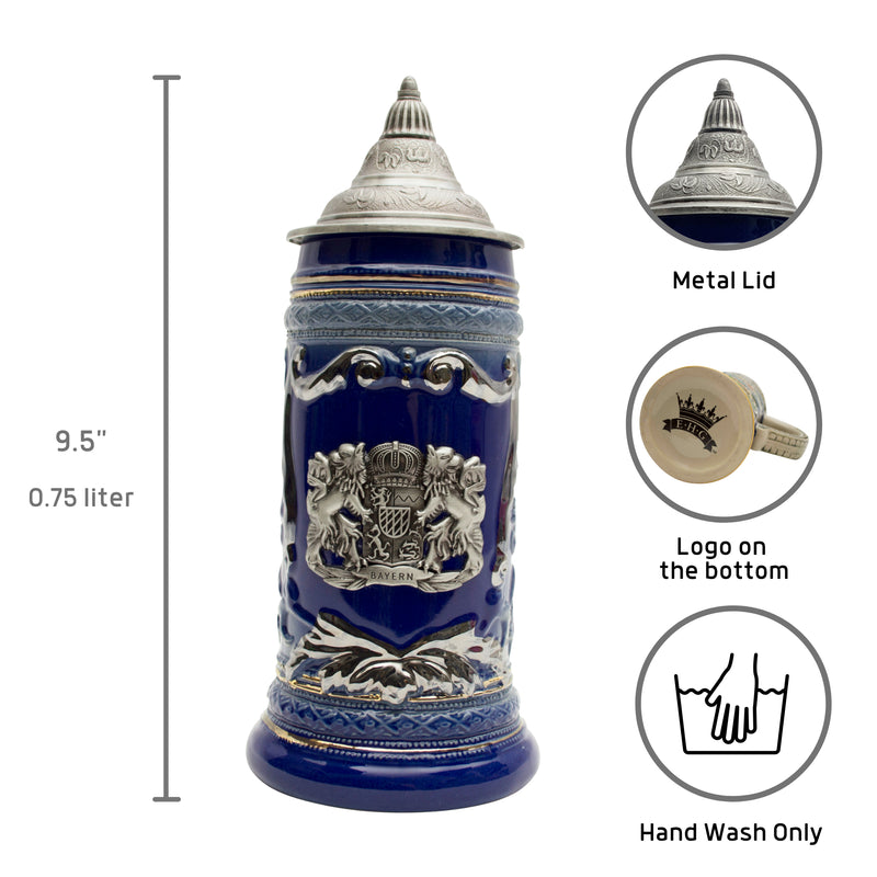 Classic scenes of Deutschland from mountain castles to famous landmarks featured on this ceramic beer stein with an ornate metal lid. This beer stein will make for a great classic gift or addition to your collection