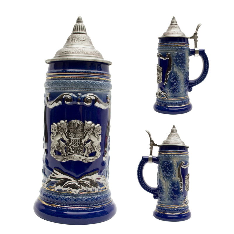 Ceramic Beer Mugs make every German beer taste better! To top off good German beer, this .7L (features elegant raised ceramic relief design around the medallion area) ceramic mug beer stein with an ornate metal lid is accented with a metal medallion which features a variation of the Bavarian Coat of Arms with its white and blue fusils highlighting the iconic emblem of Bavaria.