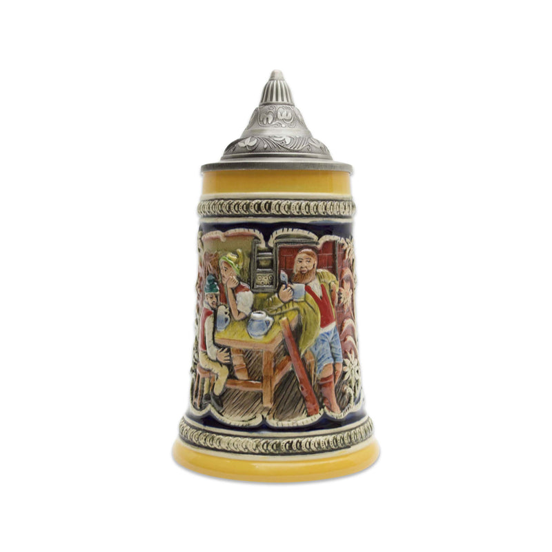 Alpine Pub Ceramic Stein with metal lid. This decorative engraved Alpine Pub stein will make for a great gift or decorative accent to your collection! Colorfully decorated collectible beer steins are popular around the world. The origin of German Beer Steins date back to the 14th century.
