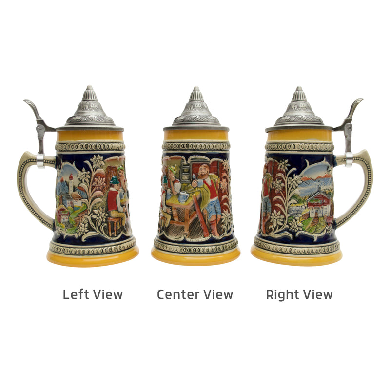 Classic scenes of Deutschland from mountain castles to famous landmarks featured on this ceramic beer stein with an ornate metal lid. This beer stein will make for a great classic gift or addition to your collection