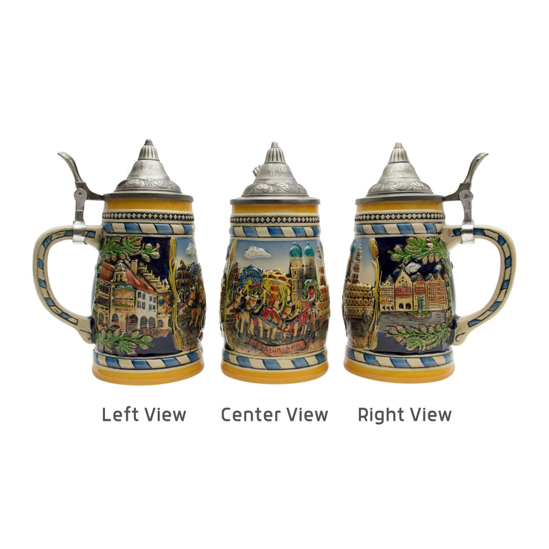 Towns of Germany in Banners ceramic beer stein without a metal lid. This decorative and colorful engraved beer stein makes for a great classic gift or addition to your collection