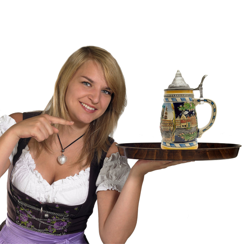 Classic scenes of Deutschland from mountain castles to famous landmarks featured on this ceramic beer stein with an ornate metal lid. This beer stein will make for a great classic gift or addition to your collection