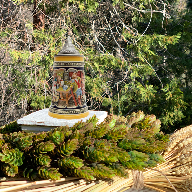 Alpine Pub Ceramic Stein with metal lid. This decorative engraved Alpine Pub stein will make for a great gift or decorative accent to your collection! Colorfully decorated collectible beer steins are popular around the world. The origin of German Beer Steins date back to the 14th century.