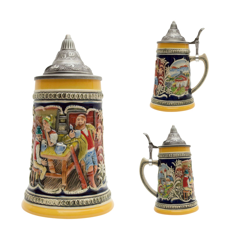 Alpine Pub Ceramic Stein with metal lid. This decorative engraved Alpine Pub stein will make for a great gift or decorative accent to your collection! Colorfully decorated collectible beer steins are popular around the world. The origin of German Beer Steins date back to the 14th century.