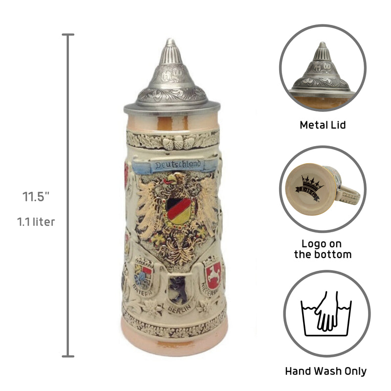 German Coat of Arms Ceramic Stein with metal lid. This decorative and colorful engraved beer stein makes for a great classic gift or decorative accent to your collection!