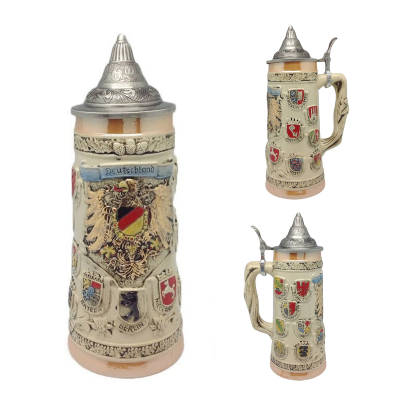 German Coat of Arms Ceramic Stein with metal lid. This decorative and colorful engraved beer stein makes for a great classic gift or decorative accent to your collection!