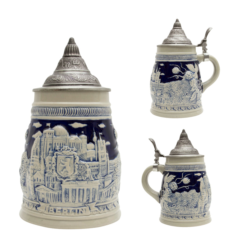 Classic scenes of Deutschland from mountain castles to famous landmarks featured on this ceramic beer stein with an ornate metal lid. This beer stein will make for a great classic gift or addition to your collection