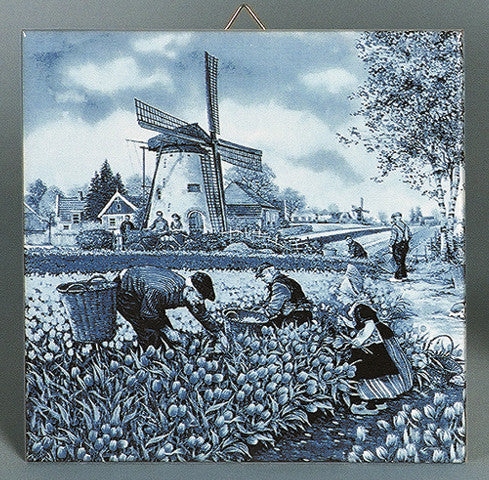 Tulip Pickers Delft Dutch Tile - Below $10, Collectibles, CT-210, Decorations, Dutch, Home & Garden, Tiles-Scenic, Tulips, Van Hunnik, Windmills