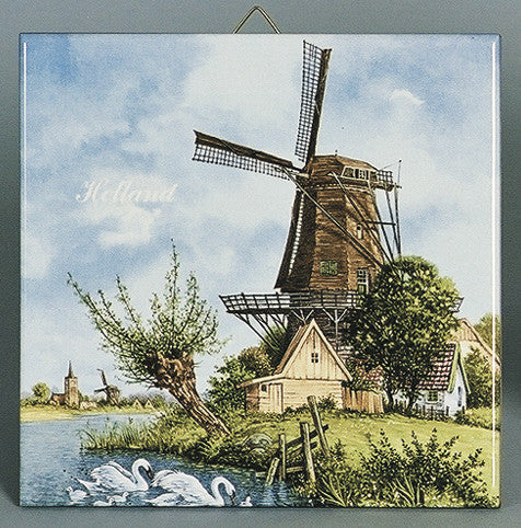 Holland Tile Windmill and Swan Color - Animal, Collectibles, CT-210, Decorations, Dutch, Home & Garden, Tiles-Scenic, Van Hunnik, Windmills