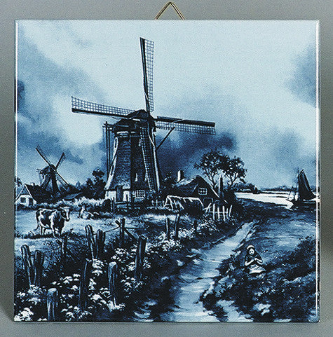 Dutch Gift Delft Blue Tile Mill with Cow - Animal, Below $10, Collectibles, CT-210, Decorations, Dutch, Home & Garden, Tiles-Scenic, Van Hunnik, Windmills