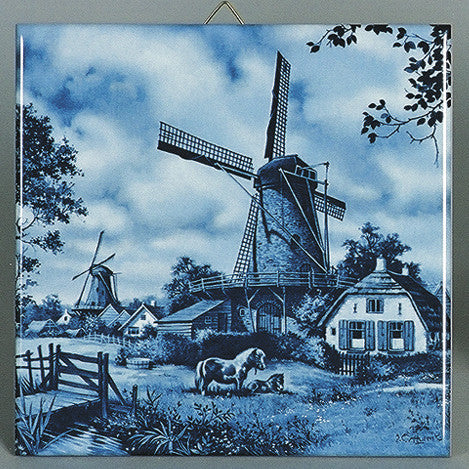 Dutch Wall Plaque Delft Blue Tile Mill with Pony - Animal, Collectibles, CT-210, Decorations, Dutch, Home & Garden, Tiles-Scenic, Van Hunnik, Windmills