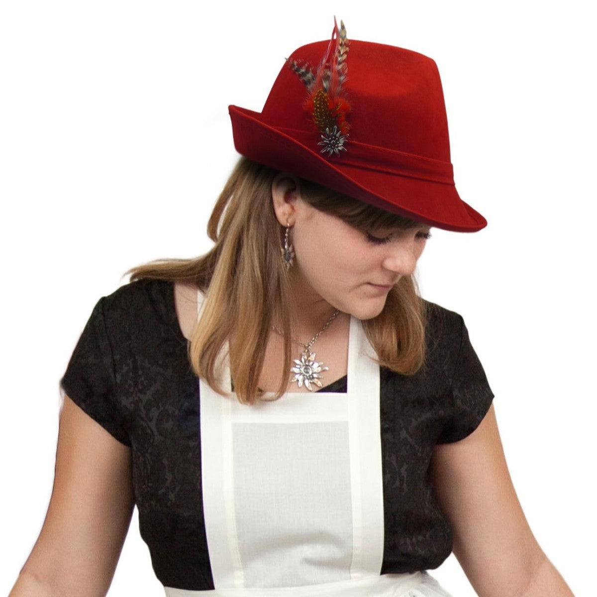 Oktoberfest Bavarian Red Felt Fedora Hat With Feather – Unisex German Alpine Hat, Size 6 3/4-6 7/8 - View #10