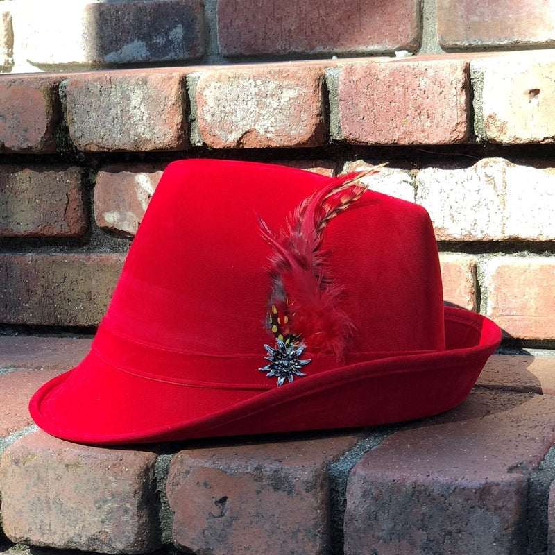 "German Hunter" Red Hat Fedora And Edelweiss & Feather Hat Pin