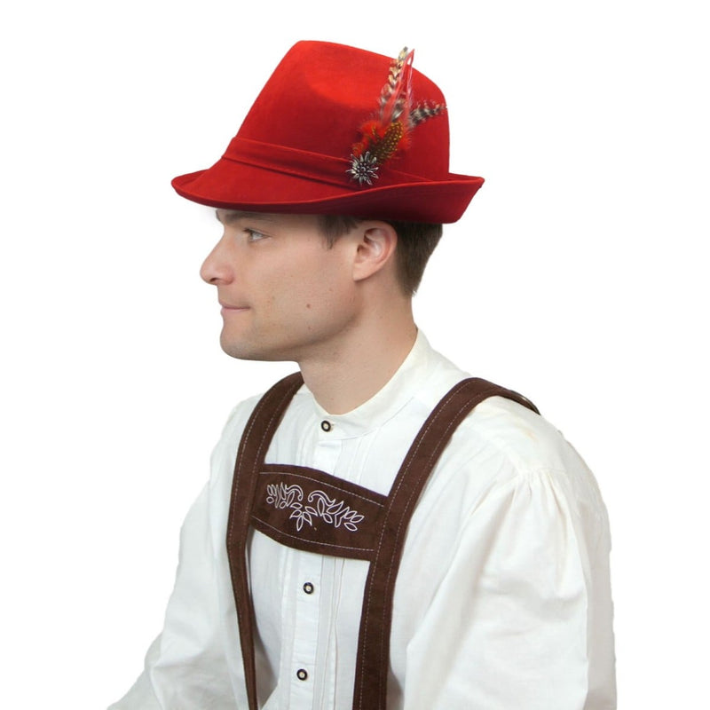 "German Hunter" Red Hat Fedora And Edelweiss & Feather Hat Pin