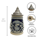Germany Bayern Coat of Arms Cobalt Blue Beer Stein with Engraved Metal Lid