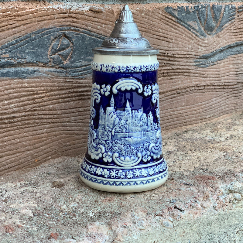 German Castle Engraved Ceramic Beer Stein with Ornate Metal Lid