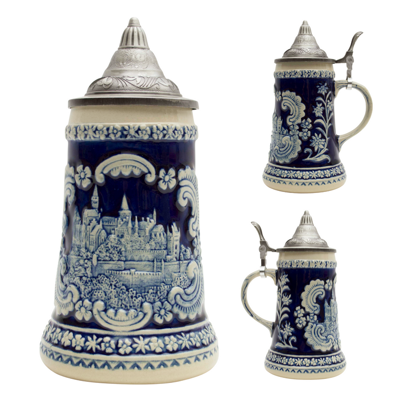 German Castle Engraved Ceramic Beer Stein with Ornate Metal Lid