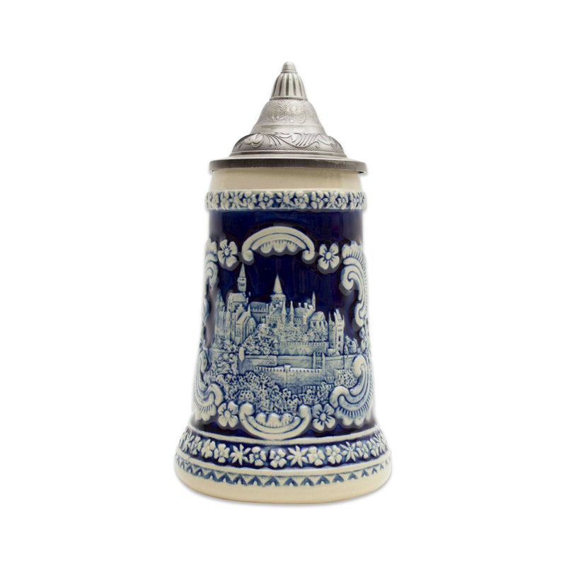 German Castle Engraved Ceramic Beer Stein with Ornate Metal Lid