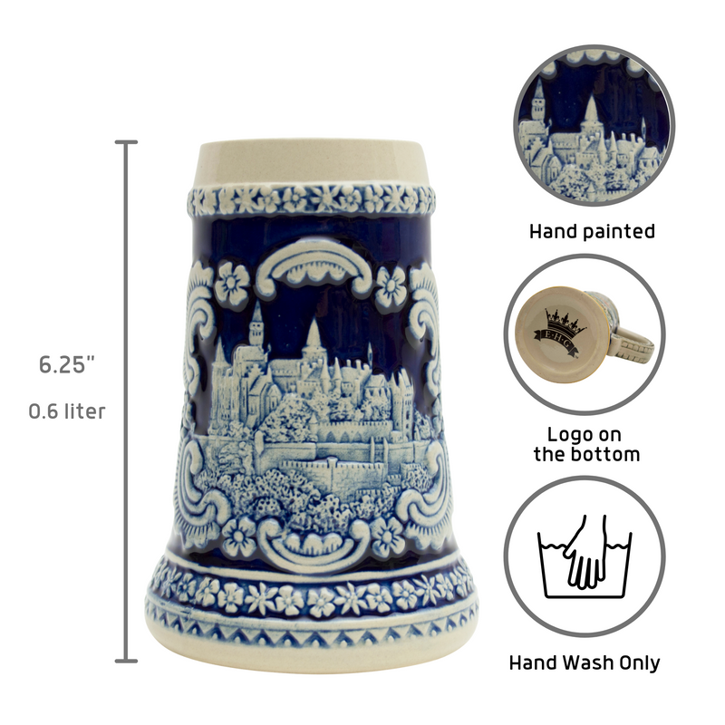 German Castle Engraved Ceramic Beer Stein