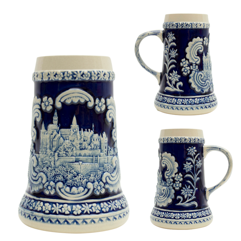 German Castle Engraved Ceramic Beer Stein