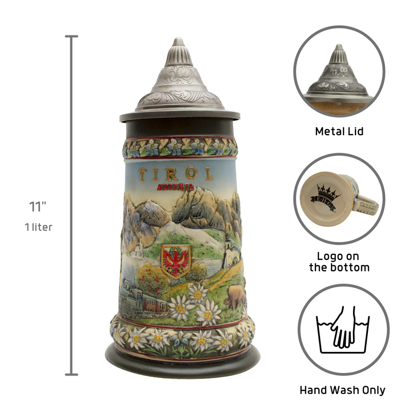 Tirol Scenic Austrian Alps Collectible Beer Stein with Engraved Metal Lid