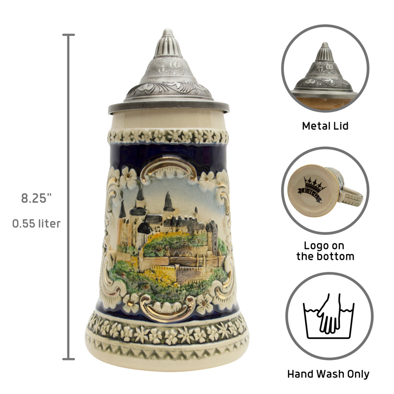 Scenic Bavarian Castle Engraved Beer Stein with Metal Lid