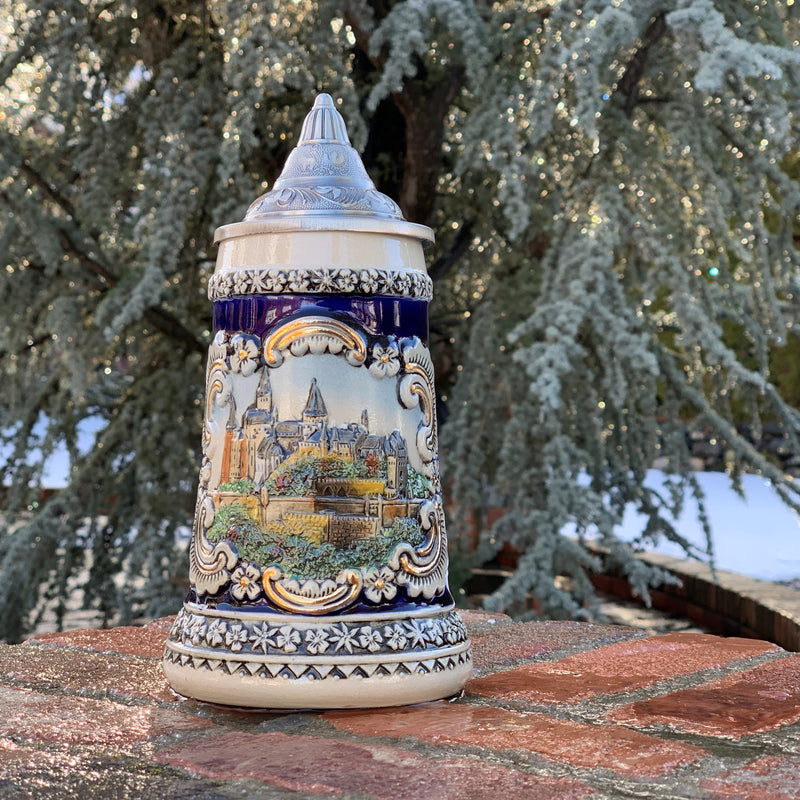 Scenic Bavarian Castle Engraved Beer Stein with Metal Lid