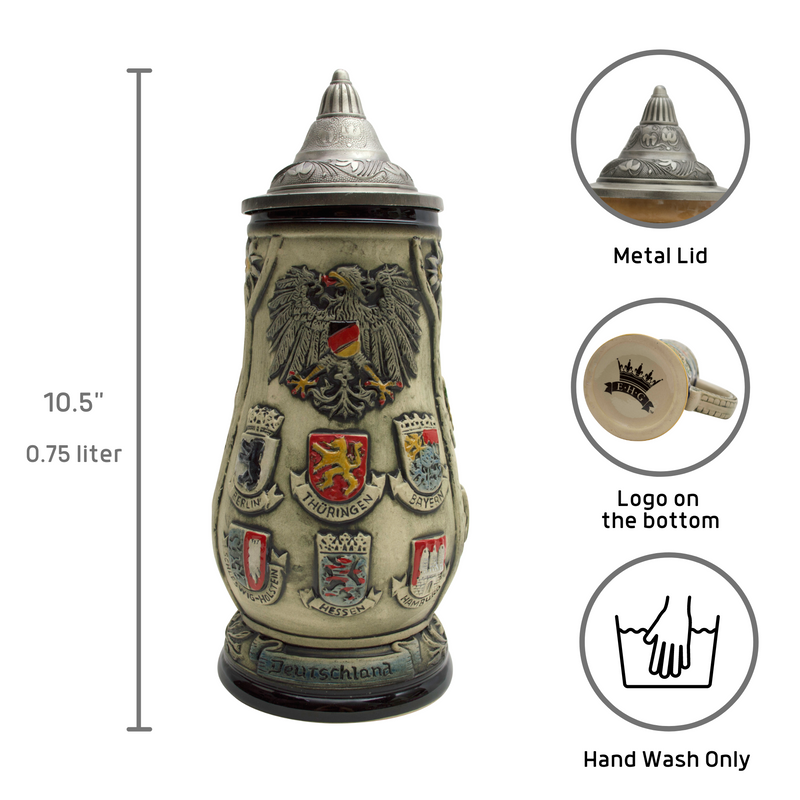 Deutschland Coat of Arms Collectible German Beer Stein with Engraved Metal Lid