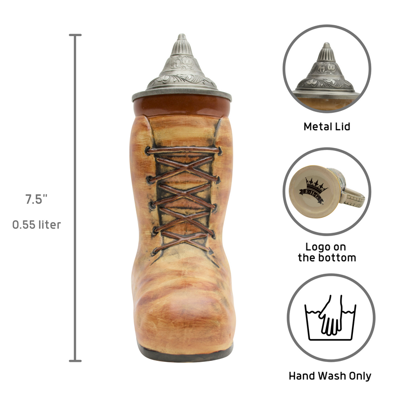 Unique Beer Boot Ceramic Stein with Engraved Metal Lid