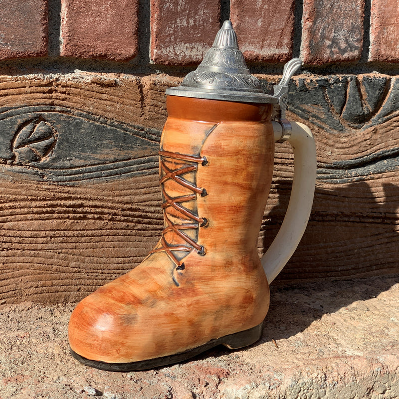 Unique Beer Boot Ceramic Stein with Engraved Metal Lid