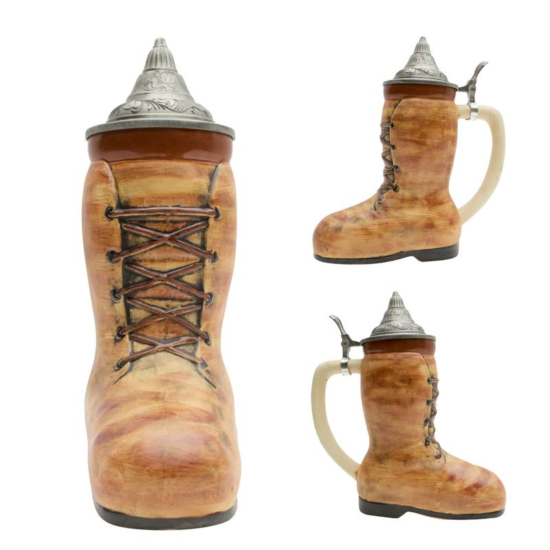 Unique Beer Boot Ceramic Stein with Engraved Metal Lid