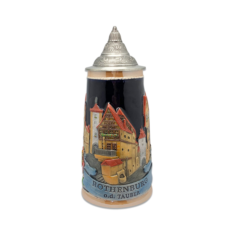 Collectible Ceramic Rothenburg Germany Beer Stein with Raised Relief Artwork and Ornate Metal Lid