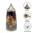 Collectible Ceramic Rothenburg Germany Beer Stein with Raised Relief Artwork and Ornate Metal Lid