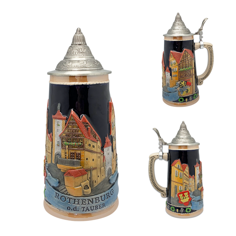 Collectible Ceramic Rothenburg Germany Beer Stein with Raised Relief Artwork and Ornate Metal Lid