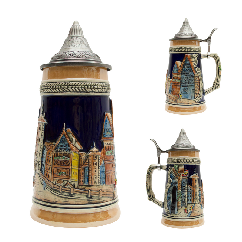 German Village Street Scene .8L Lidded Stein