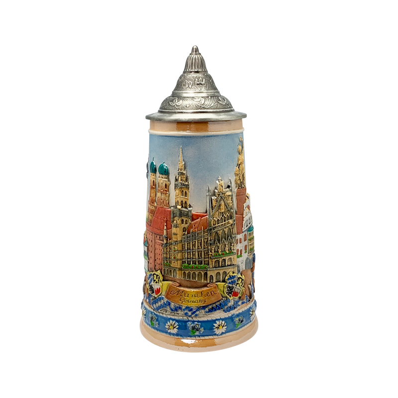 Oktoberfest & Edelweiss Deluxe Collectible Ceramic Beer Stein with Ornate Metal Lid