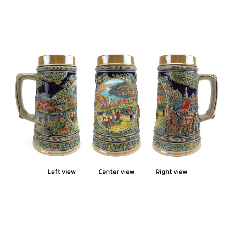 Fall in German Beer Stein .55 Liter Embossed Ceramic