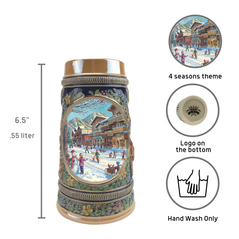 Winter in Germany Beer Stein .55 Liter Embossed Ceramic