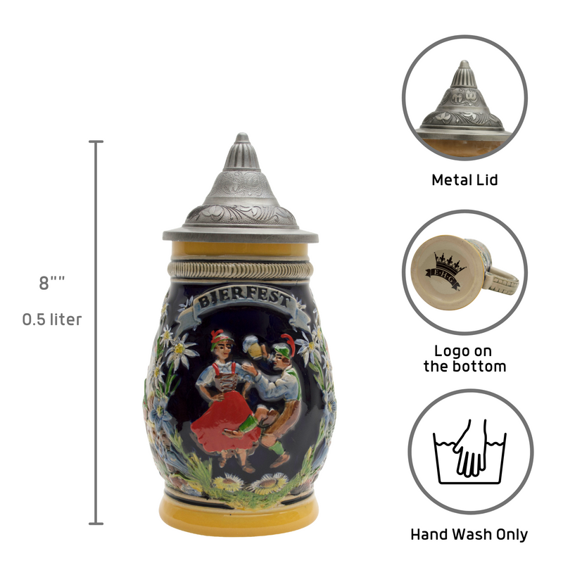 Engraved "Bier Fest" German Beer Stein with Engraved Metal Lid